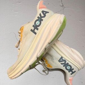 Hoka Cream Peach and Green Clifton Athletic sneakers